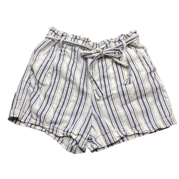 a.n.a Women's Small Linen Blend High Rise Pull-On Shorts Striped Navy Ivory - Picture 1 of 9